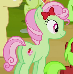 Size: 479x489 | Tagged: safe, screencap, auntie applesauce, florina tart, granny smith, red june, earth pony, pony, apple family reunion, g4, apple family member, background pony, bow, butt, cropped, female, hair bow, mare, plot, solo focus