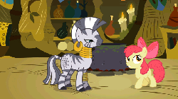 Size: 672x378 | Tagged: safe, screencap, apple bloom, zecora, pony, zebra, g4, season 2, the cutie pox, animated, butt shake, cute, female, nudge nudge, nuzzling, out of context