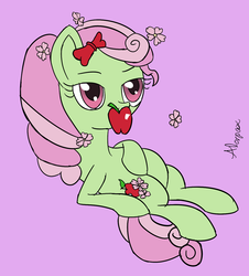 Size: 1227x1360 | Tagged: safe, artist:alorpax, florina tart, g4, 30 minute art challenge, apple, apple family member, pink background, simple background