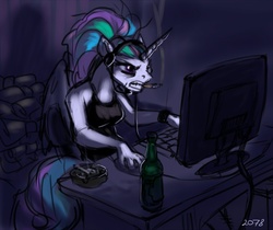 Size: 800x672 | Tagged: safe, artist:2078, princess celestia, anthro, g4, ashtray, computer, headset, smoking