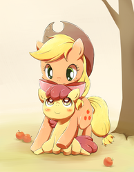 Size: 600x773 | Tagged: safe, artist:raibo, apple bloom, applejack, earth pony, pony, g4, apple, female, filly, foal, mare, pixiv, siblings, sisters