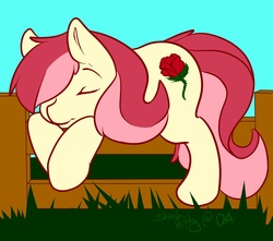 Size: 1000x885 | Tagged: safe, artist:shushikitty, roseluck, earth pony, pony, g4, 30 minute art challenge, eyes closed, female, fence, grass, lying, mare, outdoors, signature, sky, sleeping, solo