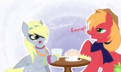 Size: 2004x1200 | Tagged: safe, artist:rainbowjune, big macintosh, derpy hooves, earth pony, pony, g4, clothes, cup, drink, glass, glasses, hipster, male, scarf, stallion, table