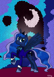 Size: 2480x3508 | Tagged: safe, artist:voids-edge, princess luna, pony, g4, clothes, female, raised hoof, solo, suit