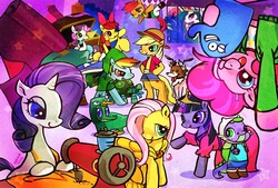 Size: 1000x675 | Tagged: dead source, safe, artist:rica, apple bloom, applejack, fluttershy, gummy, pinkie pie, princess celestia, princess luna, rainbow dash, rarity, scootaloo, spike, sweetie belle, tank, twilight sparkle, winona, alicorn, dragon, earth pony, pegasus, pony, unicorn, g4, adventure time, bloo (foster's), blossom (powerpuff girls), bubbles (powerpuff girls), buttercup (powerpuff girls), clothes, costume, courage the cowardly dog, crossover, cutie mark crusaders, fabric, female, finn the human, foster's home for imaginary friends, frankie foster, leonardo, link, male, mane seven, mane six, mare, monkey d. luffy, one piece, painting, perry the platypus, phineas and ferb, pixiv, princess bubblegum, sewing, sewing machine, teenage mutant ninja turtles, the legend of zelda, the powerpuff girls, unicorn twilight