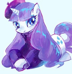 Size: 500x517 | Tagged: dead source, safe, artist:rica, rarity, pony, beatnik rarity, beret, clothes, female, hat, pixiv, solo, sweater