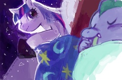 Size: 500x325 | Tagged: dead source, safe, artist:rica, spike, twilight sparkle, g4, blanket, book, pixiv, sleeping