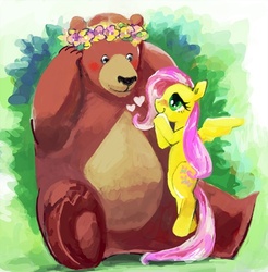 Size: 500x508 | Tagged: dead source, safe, artist:rica, fluttershy, harry, g4, blushing, floating, floral head wreath, flower, heart, looking at each other, pixiv, spread wings, wings