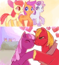 Size: 500x550 | Tagged: dead source, safe, artist:rica, apple bloom, big macintosh, cheerilee, scootaloo, sweetie belle, earth pony, pony, g4, cutie mark crusaders, heart, male, pixiv, ship:cheerimac, shipping, stallion, straight