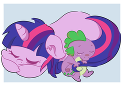 Size: 1000x704 | Tagged: safe, artist:xylobell, spike, twilight sparkle, dragon, pony, unicorn, g4, puffy cheeks, sleeping, squishy