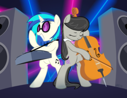 Size: 1286x1000 | Tagged: safe, artist:empty-10, dj pon-3, octavia melody, vinyl scratch, pony, g4, bipedal, cello, musical instrument, playing, standing