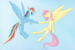 Size: 900x600 | Tagged: safe, artist:chrysopoeia, fluttershy, rainbow dash, g4, concave belly, flying, slender, thin