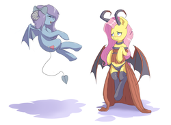 Size: 800x583 | Tagged: safe, artist:jalm, fluttershy, oc, oc:frankie, monster pony, succubus, g4, bat wings, blushing, clothes, costume, eyes closed, female, flying, midriff, panties, spaded tail, underwear
