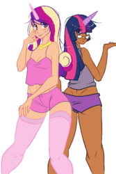 Size: 600x900 | Tagged: safe, artist:slipe, princess cadance, twilight sparkle, human, g4, belly button, cleavage, clothes, dark skin, female, glasses, horn, horned humanization, humanized, kneesocks, midriff, nightgown, stockings, underwear