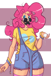 Size: 543x800 | Tagged: safe, artist:slipe, pinkie pie, human, g4, clothes, glasses, humanized, moustache, off shoulder, overalls, pocket watch, socks, thigh highs