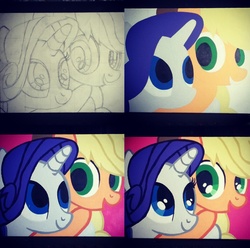 Size: 1200x1190 | Tagged: safe, applejack, rarity, g4, female, hug, lesbian, painting, ship:rarijack, shipping, traditional art