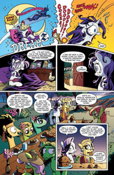 Size: 907x1395 | Tagged: safe, artist:andy price, idw, official comic, applejack, flax seed, opalescence, princess luna, rarity, spike, wheat grass, bird, chicken, earth pony, pony, unicorn, g4, micro-series #3, my little pony micro-series, spoiler:comic, bed mane, bloodshot eyes, camisole, charles manson, chicken on your head, clothes, cock-a-doodle-doo, comic, crescent moon, dream, dream walker luna, female, helter skelter, hippie, hush now quiet now, implied sparijack, male, mare, messy mane, moon, morning, morning ponies, nightgown, onomatopoeia, ponies to be named, sleeping, sound effects, stallion, startled, waking up, z, zzz
