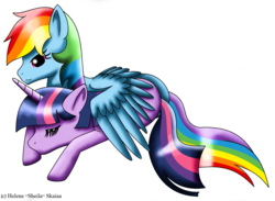 Size: 1584x1162 | Tagged: safe, artist:shadeila, rainbow dash, twilight sparkle, g4, female, hug, lesbian, ship:twidash, shipping, winghug