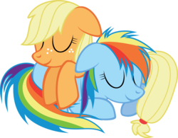 Size: 3849x3000 | Tagged: safe, artist:pasuri98, applejack, rainbow dash, g4, cuddling, female, filly, hug, lesbian, ship:appledash, shipping, simple background, sleeping, transparent background, vector