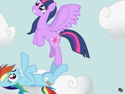 Size: 640x480 | Tagged: safe, artist:lalalalala421, rainbow dash, twilight sparkle, alicorn, pony, g4, cloud, cloudy, female, flying, happy, mare, on back, twilight sparkle (alicorn)