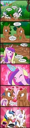 Size: 663x2797 | Tagged: safe, artist:madmax, fleur-de-lis, princess cadance, shining armor, alicorn, pony, unicorn, g4, accidental shipping, angry, black sclera, blushing, cadance is an idiot, comic, dark, evil cadance, exclamation point, eye contact, eyes closed, female, fire, fleurarmor, funny, glowing eyes, gone horribly right, grin, heart, interrobang, kiss on the lips, kissing, love magic, love spell, male, mare, mud, nightmare, open mouth, question mark, rage, red eyes, shipping, slice of life, smiling, stallion, this will end in a night on the couch, this will end in pain and/or death, unamused