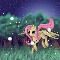 Size: 3500x3500 | Tagged: safe, artist:dalagar, fluttershy, pegasus, pony, g4, female, night, solo, stars