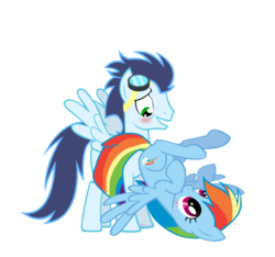 Size: 1024x957 | Tagged: dead source, safe, artist:gizemyorganci, rainbow dash, soarin', pegasus, pony, g4, blushing, duo, eyes on the prize, female, goggles, looking at butt, male, mare, ship:soarindash, shipping, simple background, stallion, straight, transparent background