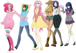 Size: 1000x692 | Tagged: safe, artist:magicarin, applejack, fluttershy, pinkie pie, rainbow dash, rarity, twilight sparkle, human, belly button, cleavage, clothes, converse, daisy dukes, dress, female, front knot midriff, humanized, line-up, magic, mane six, midriff, shoes, skinny, skirt, wip