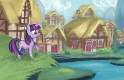 Size: 800x518 | Tagged: safe, artist:w-e-z, twilight sparkle, pony, g4, cottage, female, glowing horn, horn, ponyville, raised hoof, river, scenery, solo