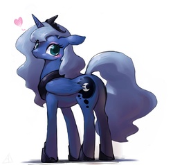 Size: 1132x1077 | Tagged: dead source, safe, artist:bluedrg19, princess luna, alicorn, pony, g4, blushing, butt, cute, eyeshadow, female, floating heart, floppy ears, heart, looking at you, looking back, lunabetes, mare, plot, simple background, solo, white background