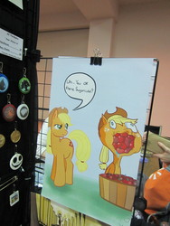 Size: 3000x4000 | Tagged: artist needed, safe, applejack, earth pony, pony, apple.mov, g4, anime st. louis, anime st. louis 2013, convention, female, irl, jappleack, mare, merchandise, messy eating, nom, photo, poster