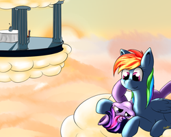 Size: 1280x1024 | Tagged: safe, artist:burnout42, rainbow dash, twilight sparkle, g4, cloud, female, lesbian, on back, ship:twidash, shipping, sky