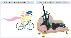 Size: 531x282 | Tagged: safe, fluttershy, queen chrysalis, g4, bicycle, couch, exploitable meme, juxtaposition, juxtaposition win