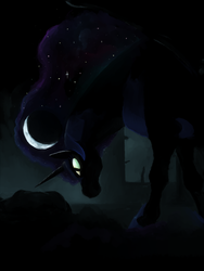 Size: 960x1280 | Tagged: safe, artist:spectralunicorn, nightmare moon, alicorn, pony, g4, crescent, dark, female, helmet, mare, solo, stars