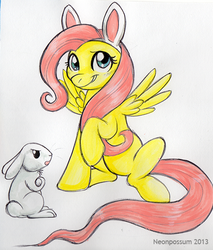 Size: 510x600 | Tagged: safe, artist:neonpossum, angel bunny, fluttershy, g4, bunny ears, unamused