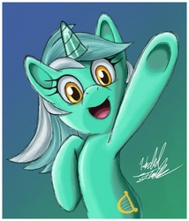 Size: 770x900 | Tagged: safe, artist:fuzon-s, lyra heartstrings, pony, unicorn, g4, female, gradient background, looking at you, smiling, solo, waving