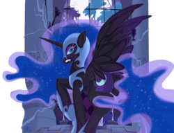 Size: 1200x923 | Tagged: safe, artist:falleninthedark, nightmare moon, alicorn, pony, g4, butt, castle of the royal pony sisters, ethereal mane, female, helmet, lidded eyes, looking back, mare, moon, night, plot, scowl, solo, starry mane, wings