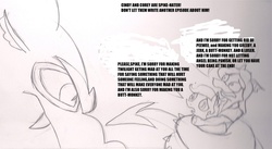 Size: 1102x604 | Tagged: safe, edit, spike, oc, dragon, anthro, g4, cindy morrow, corey powell, drama, meta, op is a duck, sketch, spike drama, text