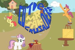 Size: 900x597 | Tagged: safe, artist:sallycars, apple bloom, scootaloo, sweetie belle, earth pony, pegasus, pony, unicorn, g4, barn, box, cape, clothes, cloud, clubhouse, crusaders clubhouse, cutie mark crusaders, female, filly, foal, sewing machine, text, treehouse, typography