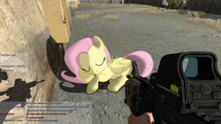 Size: 1024x576 | Tagged: safe, artist:colorfulbrony, fluttershy, g4, arma 2, desert, gun, m4a1, ponies in video games, rifle, sleeping, wasteland