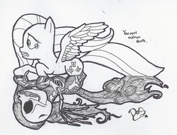 Size: 500x382 | Tagged: safe, artist:houseofdos, fluttershy, pegasus, pony, g4, crying, duality, female, mare, monochrome, running, skeleton