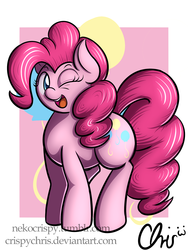 Size: 1800x2400 | Tagged: safe, artist:nekocrispy, pinkie pie, earth pony, pony, g4, cutie mark background, female, mare, one eye closed, open mouth, smiling, solo, wink