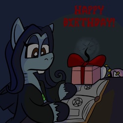 Size: 576x576 | Tagged: safe, artist:pembroke, sweetie belle, oc, oc:ipsywitch, g4, bomb, book, bow, happy birthday, horn, horn piercing, lidded eyes, meanie belle, piercing, present