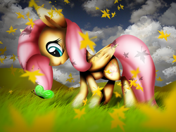 Size: 2626x1978 | Tagged: safe, artist:ralek, fluttershy, butterfly, pegasus, pony, g4, falling leaves, female, folded wings, grass, high res, leaves, looking at something, looking down, mare, outdoors, profile, sky, solo, standing, wings
