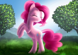 Size: 2538x1780 | Tagged: safe, artist:daedric-pony, pinkie pie, earth pony, pony, g4, cute, eyes closed, female, grass, happy, rearing, solo, tree