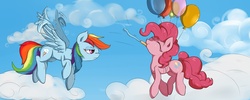 Size: 1280x512 | Tagged: safe, artist:zokkili, pinkie pie, rainbow dash, g4, balloon, cloud, cloudy, duo, flying, then watch her balloons lift her up to the sky, unamused