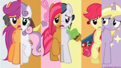 Size: 843x473 | Tagged: safe, artist:schwarzekatze4, apple bloom, babs seed, dinky hooves, rumble, scootaloo, sweetie belle, g4, alternate universe, harmony-verse, older, swapped cutie marks, what my cutie mark is telling me