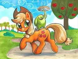 Size: 900x688 | Tagged: safe, artist:lizspit, applejack, earth pony, elephant, pony, g4, adventure time, apple tree, butt, crossover, female, food, looking back, male, mare, pie, plot, raised hoof, riding, riding a pony, smiling, traditional art, tree, tree trunks