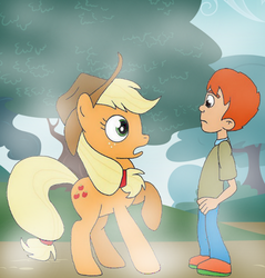 Size: 913x956 | Tagged: safe, artist:gloverboy21, applejack, human, g4, fog, sweet apple acres