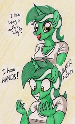 Size: 770x1274 | Tagged: safe, artist:newyorkx3, lyra heartstrings, anthro, g4, cleavage, clothes, comic, female, hand, irrational exuberance, solo, that pony sure does love hands, traditional art